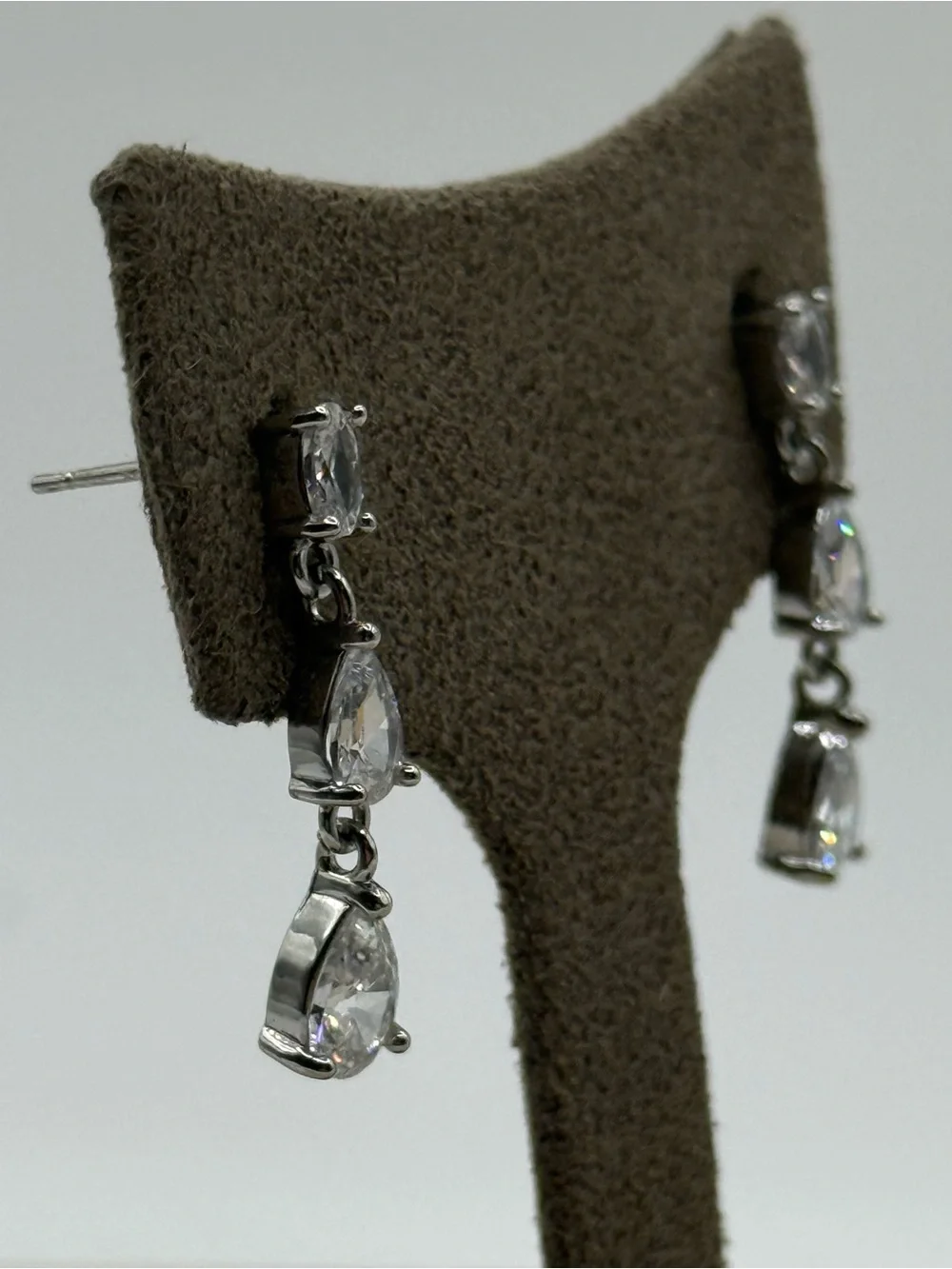 Silver tone Teardrop Dangle Earrings with Clear Stones